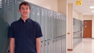 Photo of JHS student Tyler Ingebrand in front of school lockers,