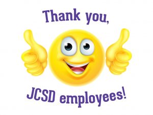 Smiley face emoji with Thank you, JCSD Employee text
