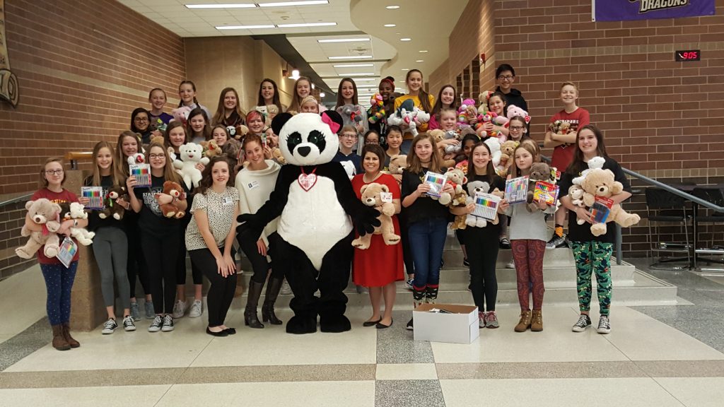 Summit students with their bear and marker donations for Amanda the Panda