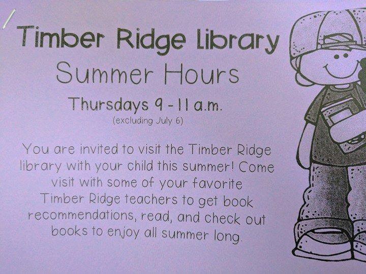 PDF flyer for Timber Ridge elementary summer library hours. 