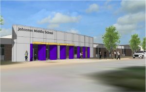 An architect's rendering of the updated front on the renovated Johnston Middle School (formerly Johnston High School).