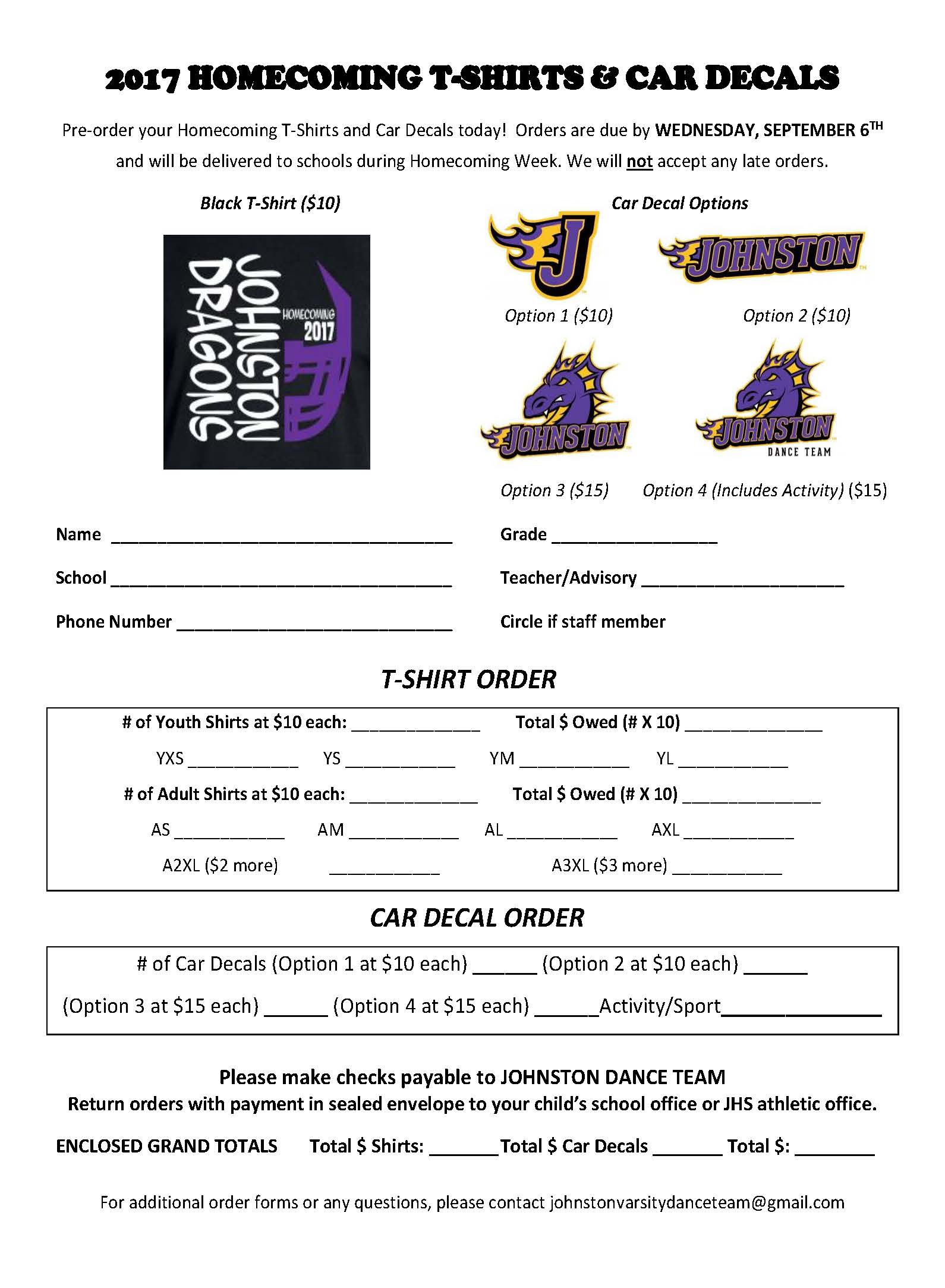 Order form for Homecoming T Shirts and Decals 2017