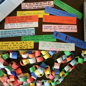 Students wrote quotes, lyrics, and personal goals to work towards becoming more positive and start a "chain reaction" of kindness within their school building. 