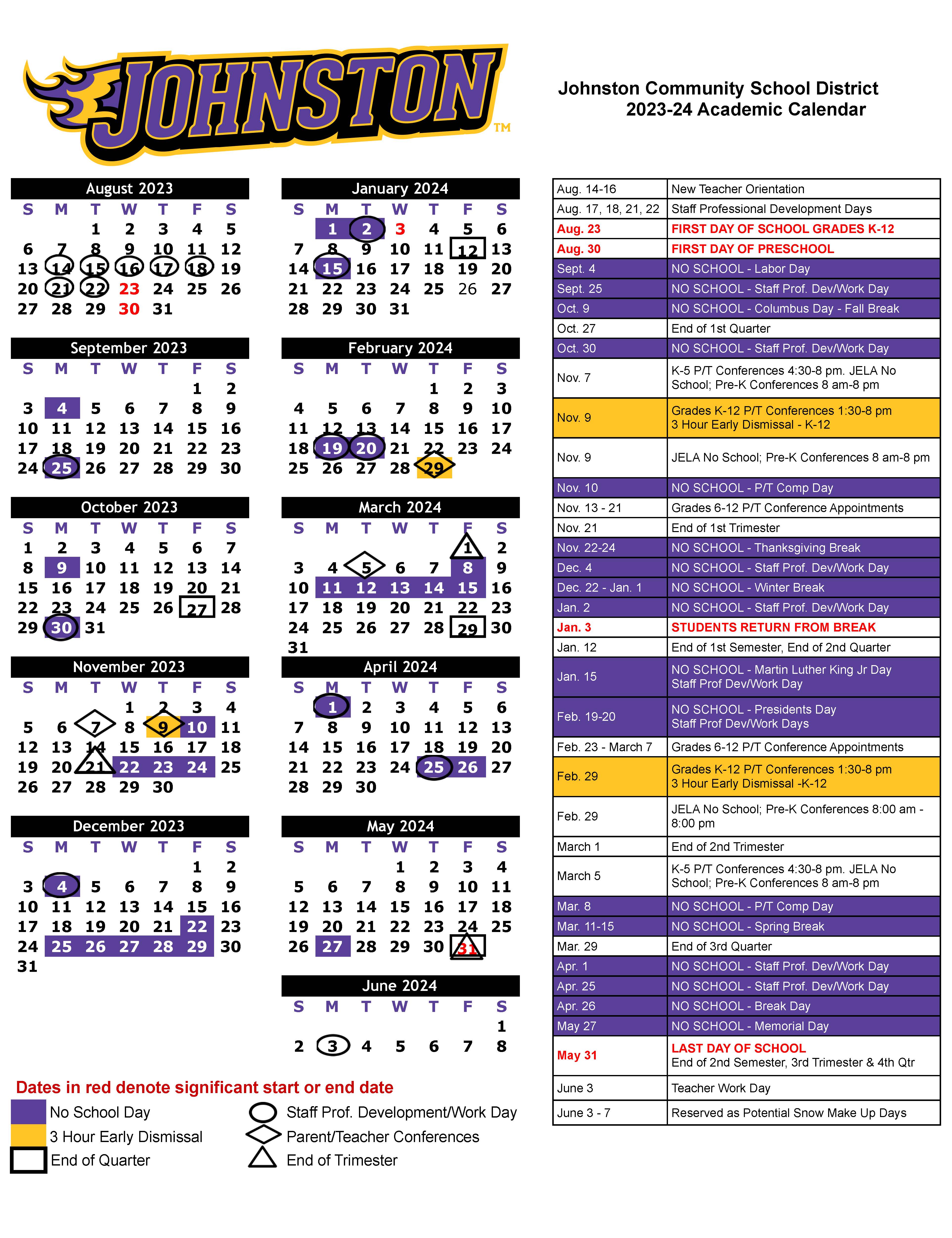 Johnston Community School District Calendar 2024 and 2025